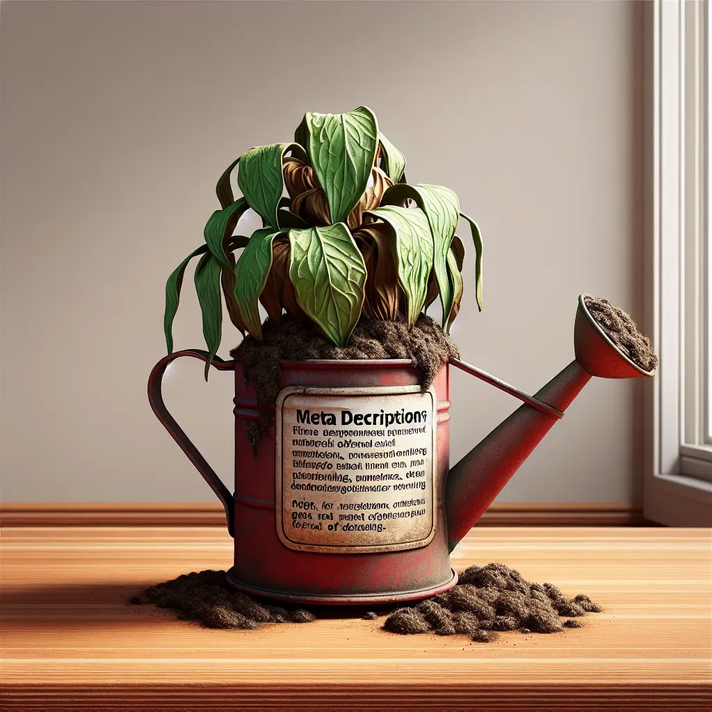A neglected houseplant with wilted leaves in a red pot sits next to a rusted, tipped over watering can labeled 'Meta Descriptions', symbolizing the importance of meta descriptions for website growth.