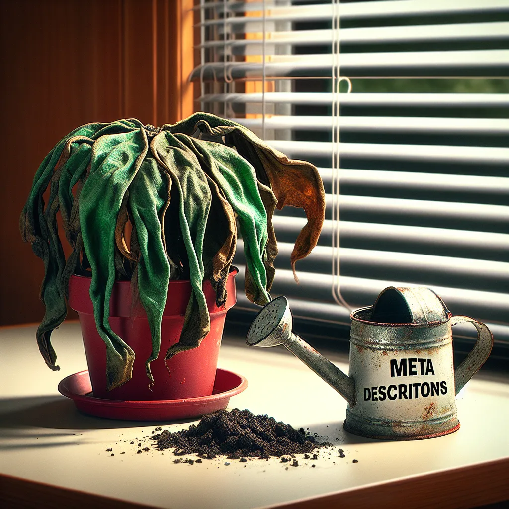 Alt text: An undernourished houseplant with wrinkled leaves in a red pot on a windowsill, beside an empty, rusted watering can labeled 'Meta Descriptions', symbolizing the negative impact of lacking adequate meta descriptions on a web page's potential for growth.