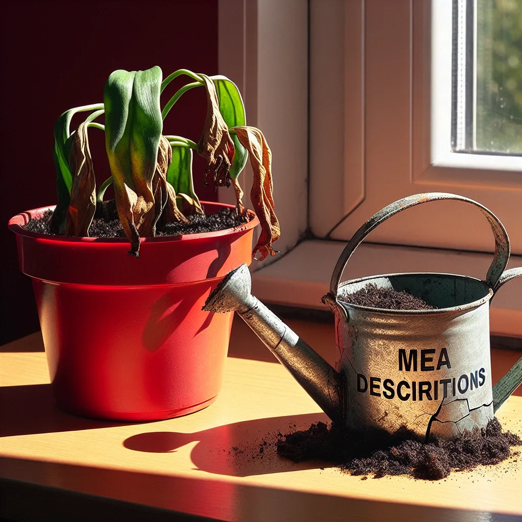 Illustration of a neglected houseplant in a red pot on a windowsill, next to a broken and empty watering can labeled 'Meta Descriptions'. Represents the importance of meta descriptions for website growth and user experience.