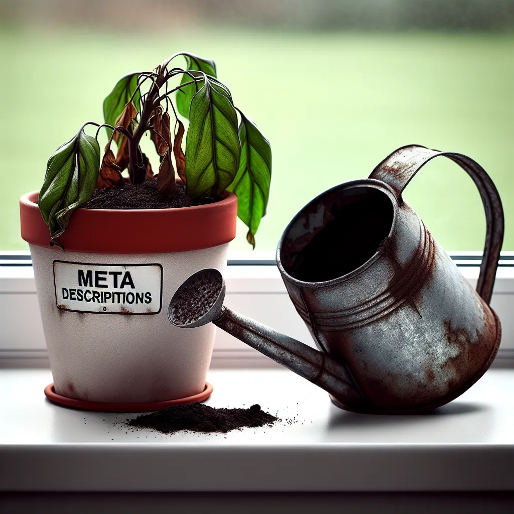 A neglected houseplant in a red pot on a windowsill, symbolizing a website lacking growth due to missing meta descriptions, next to an empty, broken watering can marked "Meta Descriptions".