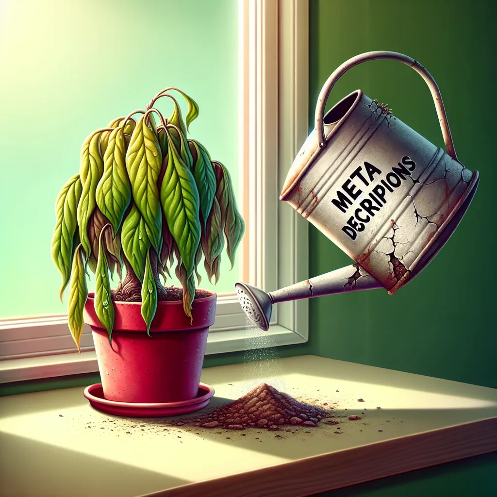 A neglected houseplant in a red pot on a windowsill next to a rusted, tipped-over watering can labeled 'Meta Descriptions', symbolizing the importance of well-written meta descriptions for website growth.
