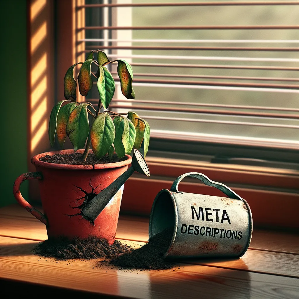 Alt text: Neglected houseplant in a red pot with wilted, dehydrated leaves by a window, next to a rusted, empty watering can labeled 'Meta Descriptions', symbolizing the importance and neglect of website meta descriptions.