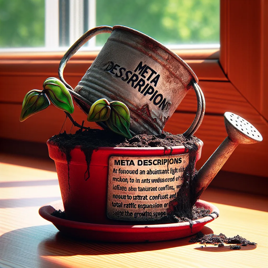 Alt text: A dehydrated houseplant in a red pot on a windowsill, next to a rusted, empty watering can with the words 'Meta Descriptions' printed on its side. These symbolize the negative impact of neglected meta descriptions on a website's growth.