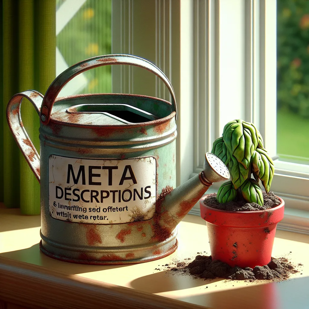 Alt text: Neglected houseplant with wrinkled leaves in a red pot on a windowsill, next to an old rusty watering can marked 'Meta Descriptions'. The empty can and parched plant symbolize the importance of informative meta descriptions for website growth.