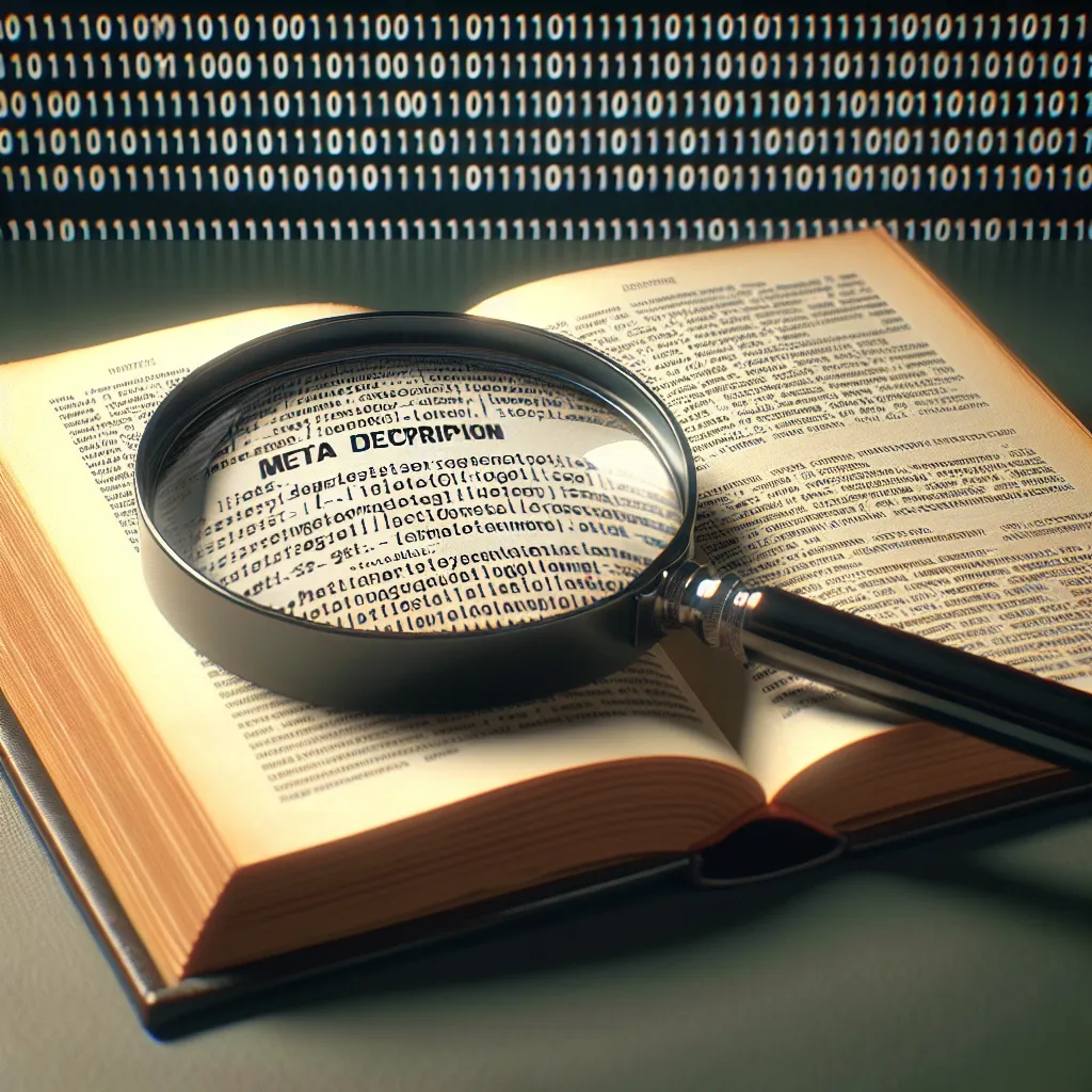 An open book with a magnifying glass showing a meta description, representative of webpage information. The background features binary code, symbolizing the concept of web metadata. Key elements include a publication and font.