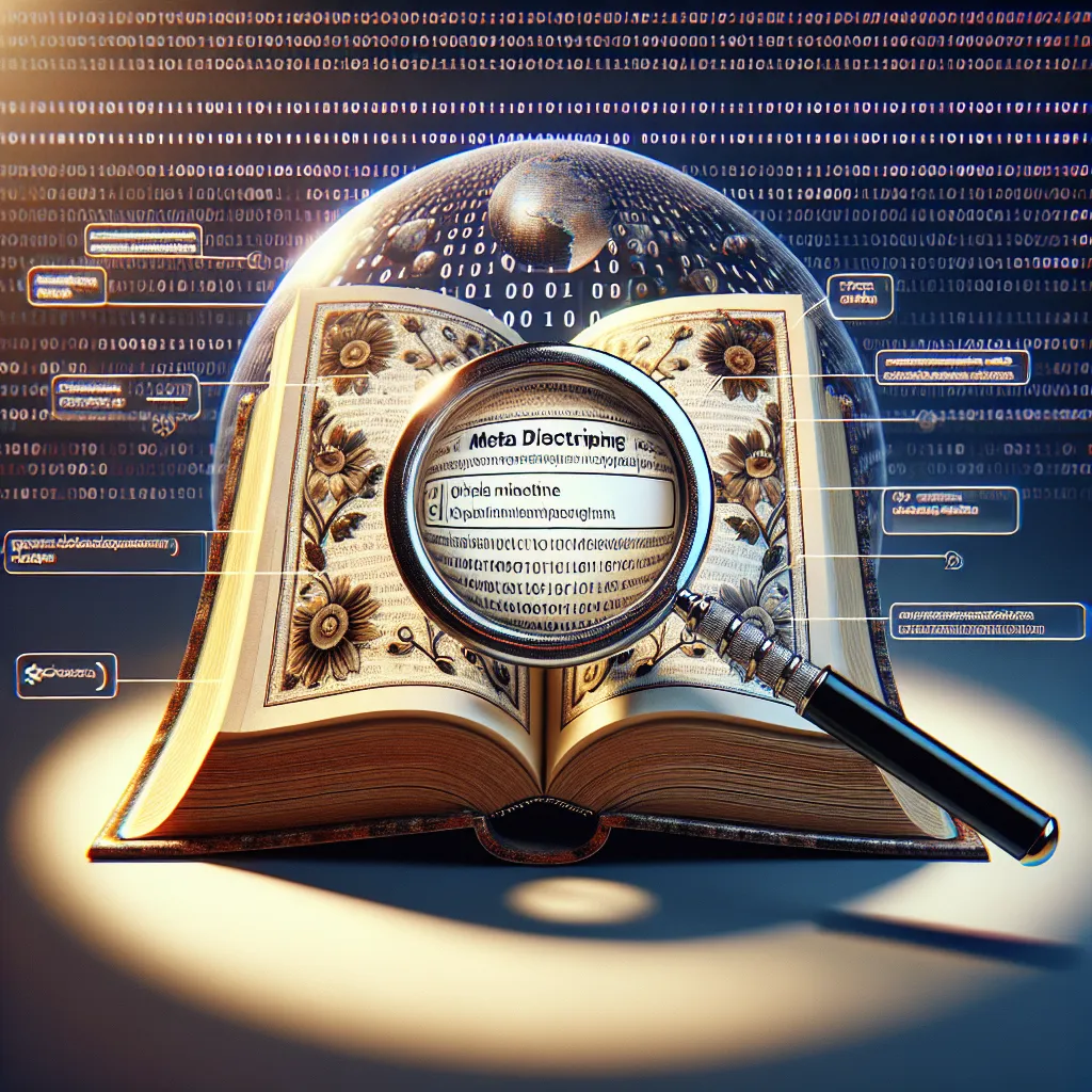 Alt text: An illustration of an open book with small text of a meta description revealed under a magnifying glass. The background features binary code symbolizing web metadata. It encapsulates concepts of inspection, revelation, and digital information.