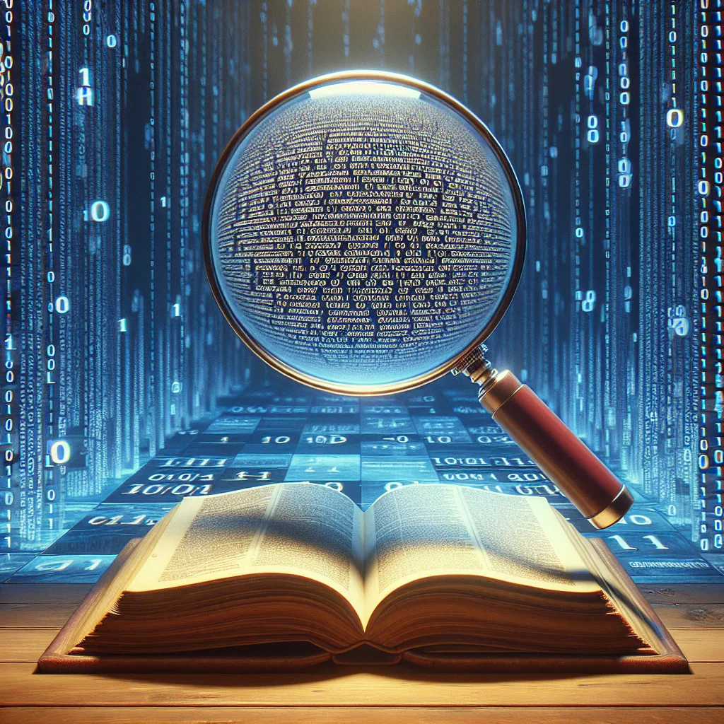 An open book with a magnifying glass revealing a meta description, symbolizing an in-depth look at webpage information, set against a background of binary code, correlating to web metadata.