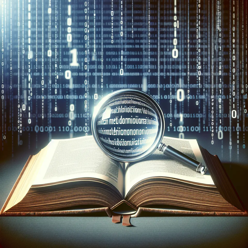 Open book being examined with a magnifying glass to reveal small meta description text, against a background of binary code to symbolize webpage metadata.