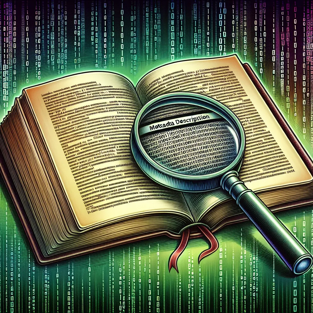 Open book with magnifying glass highlighting meta description text, set against a green background filled with binary code, symbolizing exploration and understanding of web metadata.
