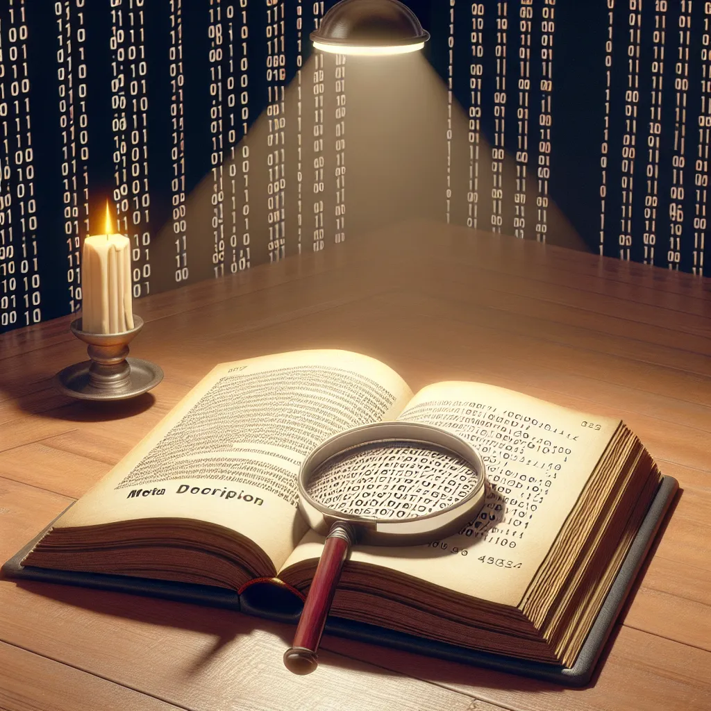 An open book displayed on a wooden table with a magnifying glass highlighting the small text of a meta description, set against a backdrop of binary code to signify internet metadata, featuring subtly lit by a nearby lamp.