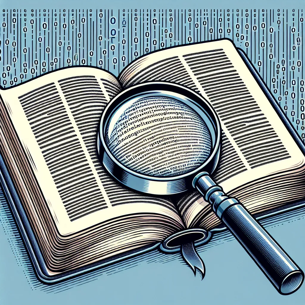 Alt text: Illustration of an open book with a magnifying glass examining the small text of a meta description, set on a background filled with binary code to represent web metadata. The book, magnifying glass, and code all hint at detail and website-related information.