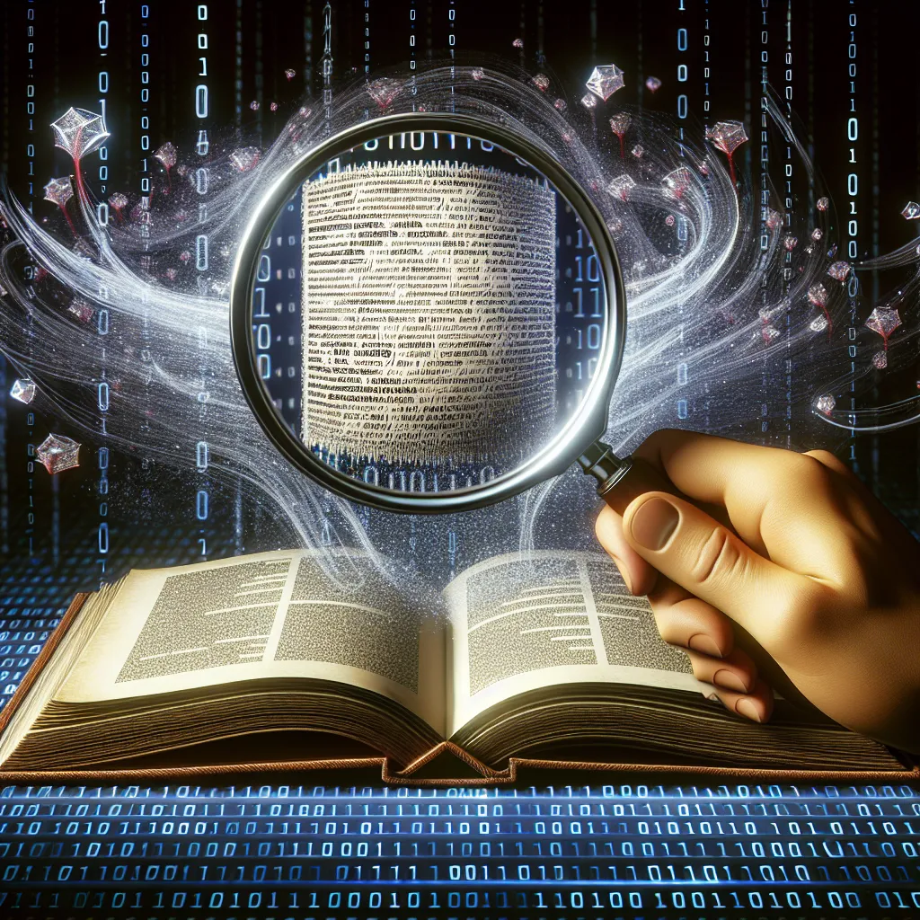 Illustration of an open book with meta description text magnified by a glass, implying in-depth examination of webpage metadata. The book sits against a backdrop of binary code, emphasizing its digital context.