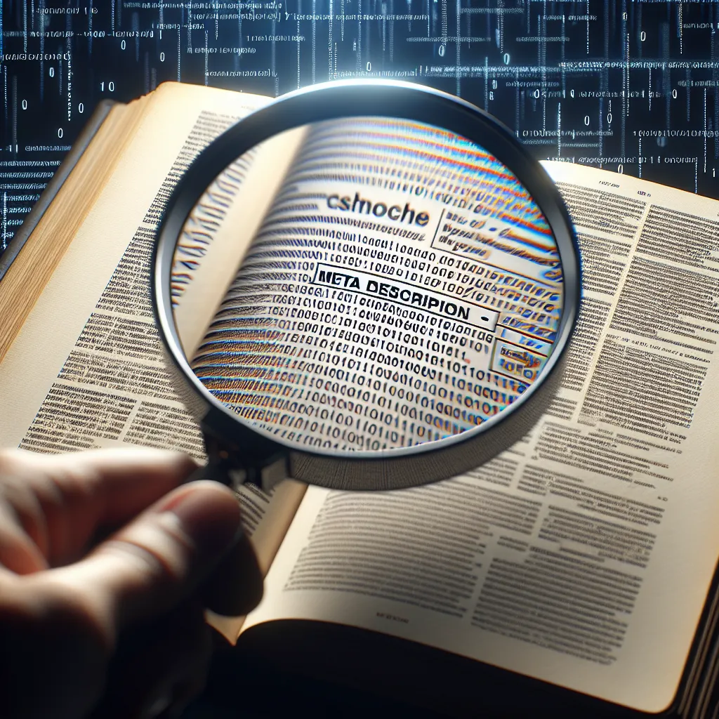 An open book under a magnifying glass, revealing small meta description text, set against a backdrop of binary code representing web metadata. Symbolizes inspecting webpage summary information.