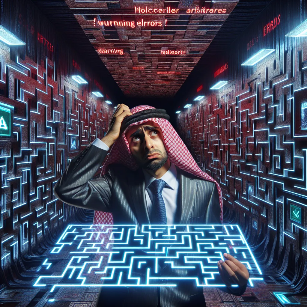 A stressed entrepreneur struggles to comprehend a glitching holographic maze in a dark, technologically advanced environment lit with red warning screens, symbolizing a complex, distorted digital website architecture.