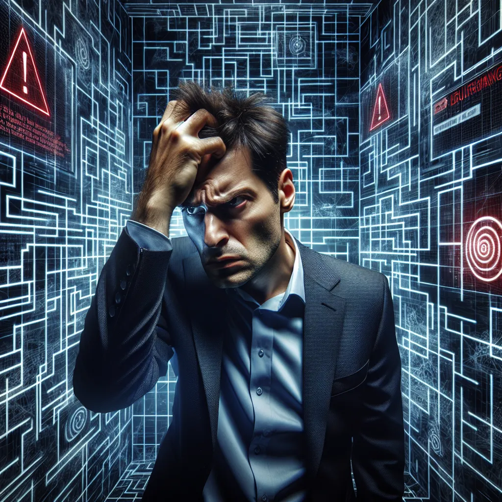 Distressed entrepreneur in a blazer and dress shirt, looking at a glitching holographic maze, standing hunched in a dark futuristic maze with red warning-lit walls. Represents complexity of website architecture.