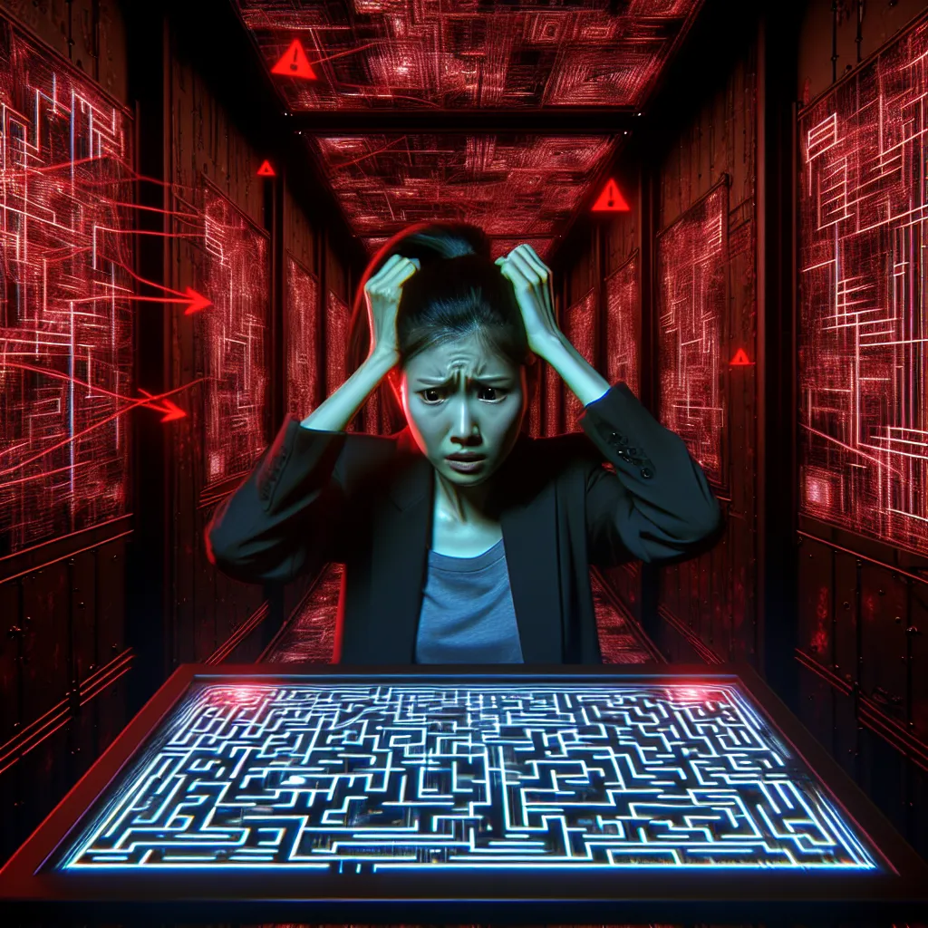 A distressed entrepreneur stands hunched in a dark, futuristic cyber maze, despairingly viewing a glitching holographic map, surrounded by red warning screens, symbolizing confusing website architecture.