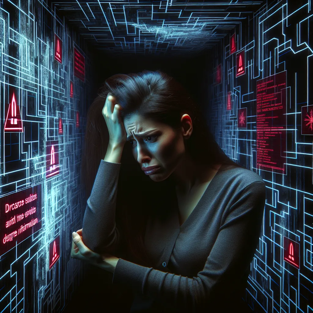 Distressed entrepreneur with black hair and eyewear, standing in a dark, futuristic cyber maze. He's staring at a glitching holographic maze map, surrounded by red warning signs, signifying confusing website architecture.