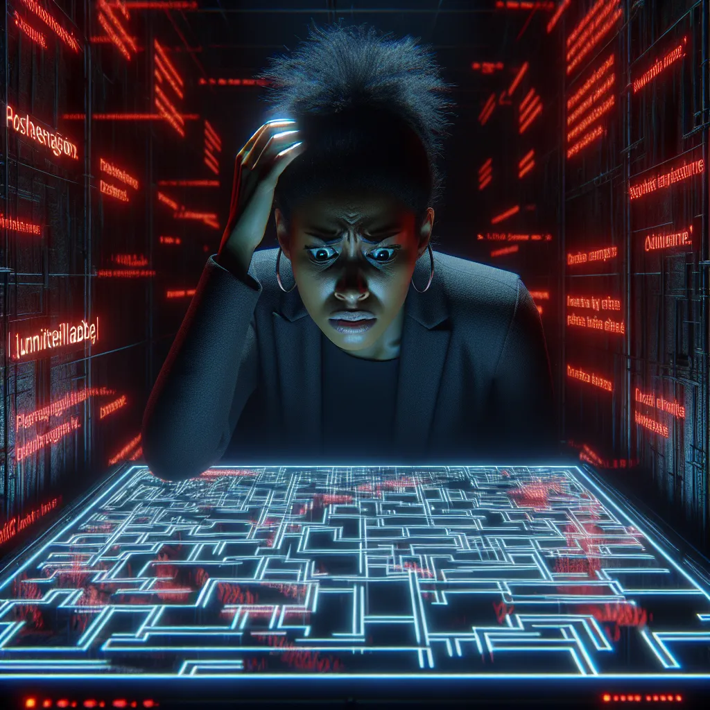 A distressed entrepreneur hunched over a glitching holographic maze, surrounded by red warning screens, symbolizing the complexity and unpredictability of confusing website architecture amidst digital distortion.