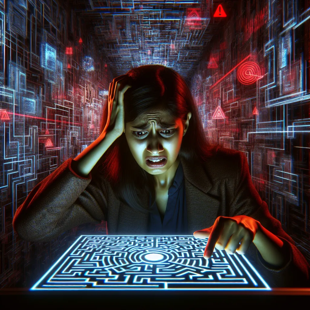 Distressed entrepreneur in a dark futuristic cyber maze, looking hopelessly at a glitching holographic maze, walls glowing with red warning errors, symbolizing complex website architecture.