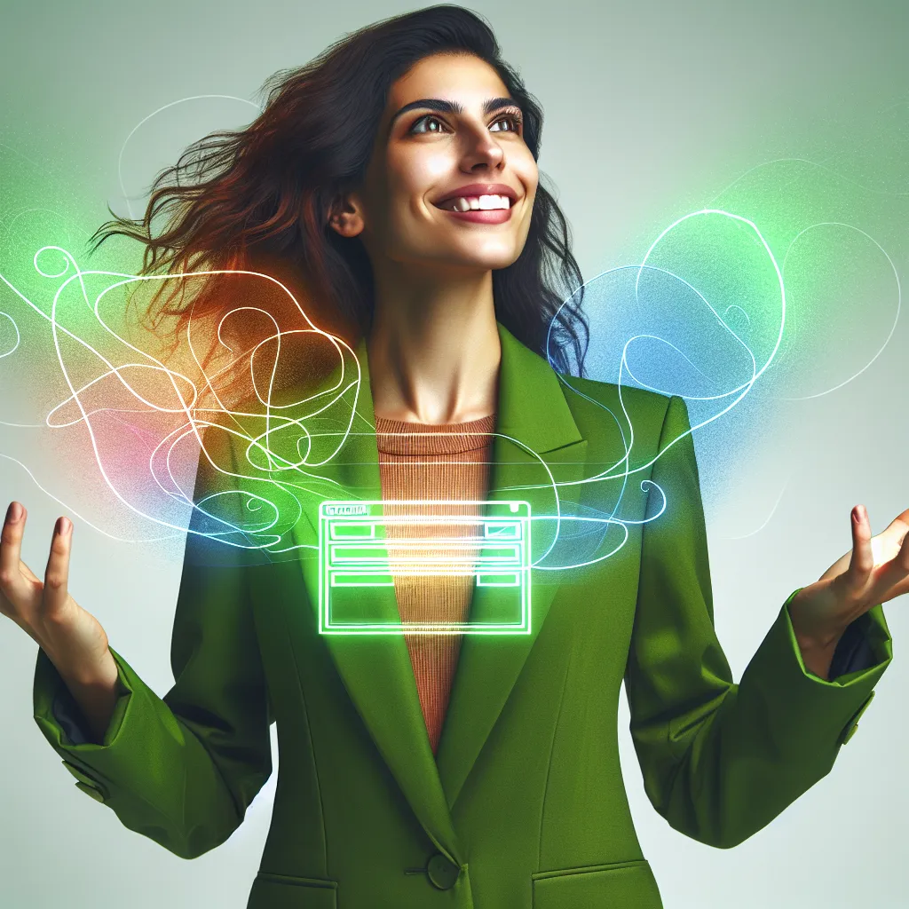 A confident young entrepreneur, smiling broadly and looking up with optimism, stands with arms extended displaying a colorful digital website map. She is professionally dressed in a green blazer, her wavy hair styled neatly.