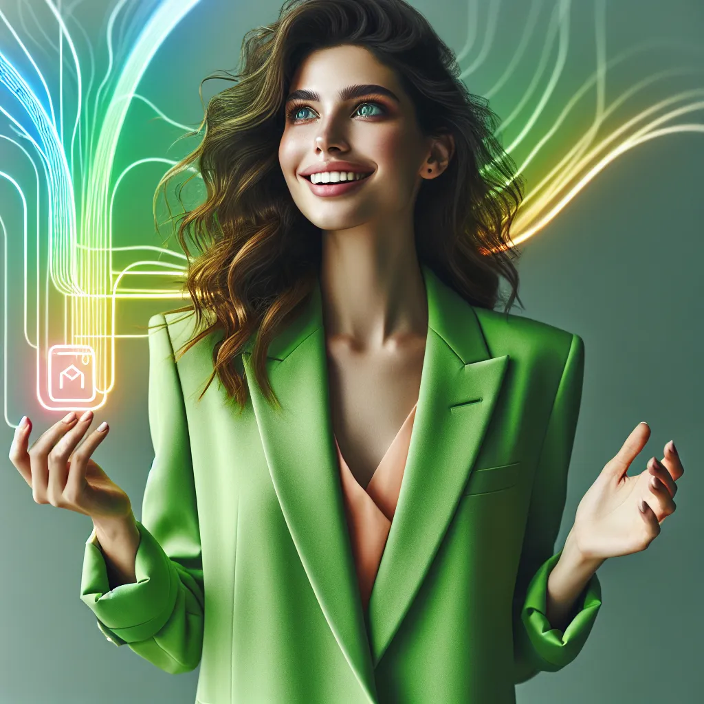 An optimistic young entrepreneur with wavy long hair smiles confidently, looking upward while proudly displaying a digital map representation of a website against a matching soft glow green backdrop. She is dressed in a fashionable green blazer and standing triumphantly.