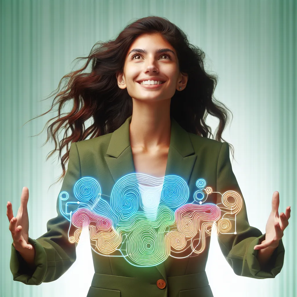 Confident young entrepreneur in a green blazer, smiling and proudly holding a digital map of a website with her arms extended. Her optimistic glance upwards beneath wavy hair highlights her happiness and triumph.