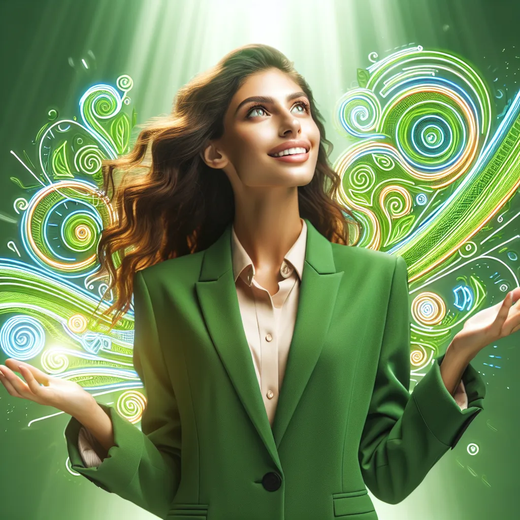 A trendy TV presenter with wavy hair, confidently smiling and posing, dressed in a cool green blazer. She's holding a colorful digital representation of a website sitemap with swirling patterns, embodying a bright future and innovative fashion design.