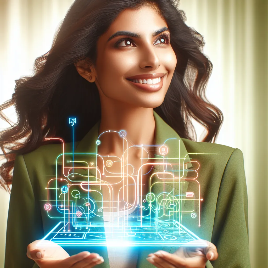 A confident young entrepreneur with wavy hair, smiling and looking upwards with optimism. She's professionally dressed in a green blazer, triumphantly showcasing a colorful digital website map in her extended arms.