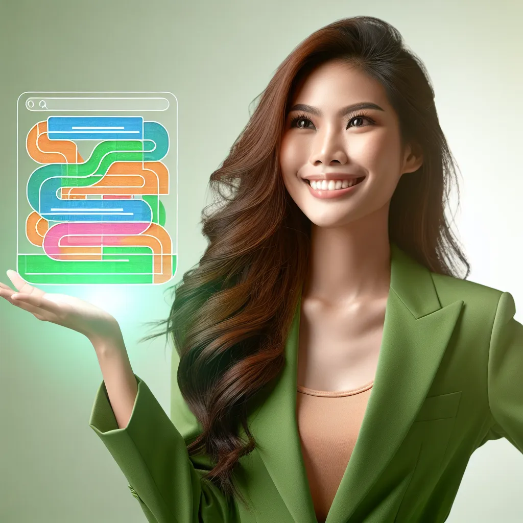 Smiling young entrepreneur in a green blazer, proudly displaying a colorful digital map representation of a website. She stands triumphantly, arms extended, her eyes full of optimism under wavy hair.