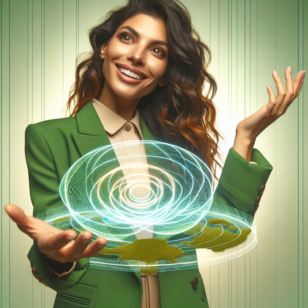 A happy young entrepreneur in a stylish green blazer, confidently displaying a vibrant digital map of a website, her eyes full of optimism. She is using a symmetric gesture, with a radiant smile beneath her wavy hair.