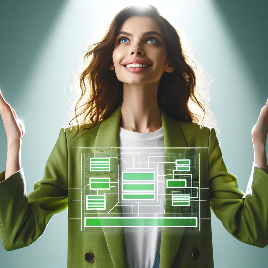 A radiant, young entrepreneur in a green blazer, smiles confidently. Her arms extended proudly, holding a vibrant digital map representation of a website. Her gaze is upward, showing optimism beneath her wavy hair.