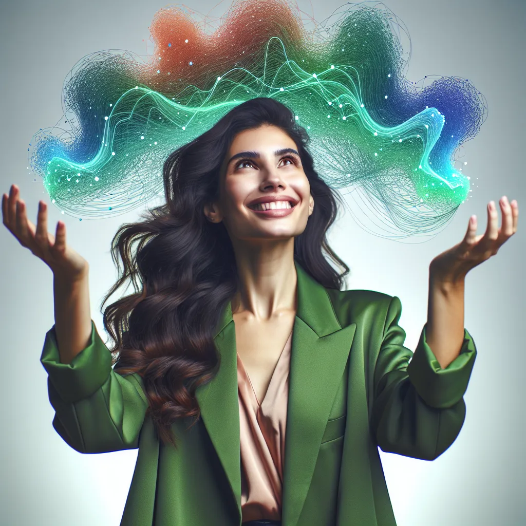 A happy, confident young entrepreneur with wavy hair, and a radiant smile, wearing a green blazer extends her arms in triumph, holding a colorful digital map of a website. She gazes upward optimistically, surrounded by a soft glow.