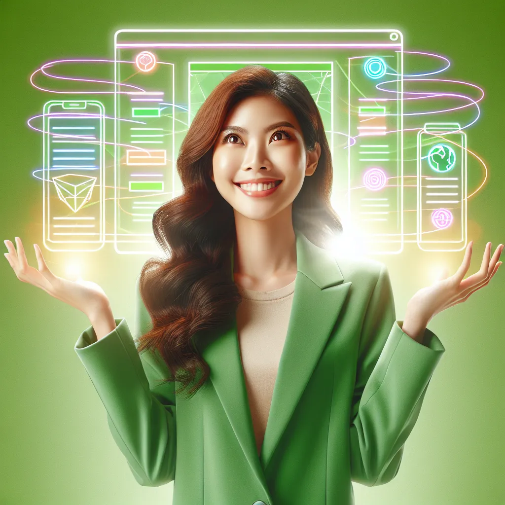 Confident young entrepreneur in green blazer, smiling and looking upward with optimism, holding a colorful, textless digital website map with swirling patterns. Her outstretched arms showcasing the creative product proudly.