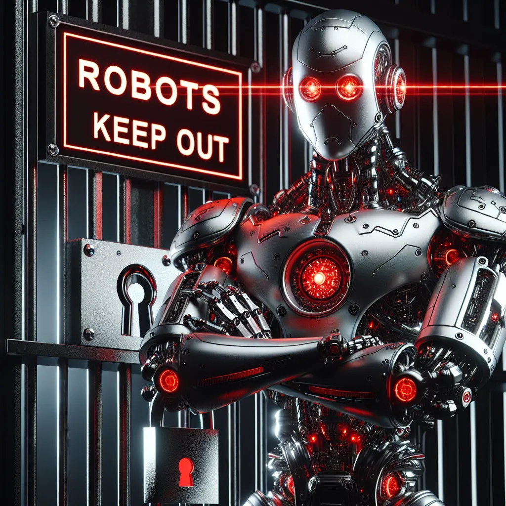 A futuristic humanoid robot with glowing red eyes and intricate silver metal plating, showing sadness by slumping shoulders and knocking a barred gate labeled Robots.txt with a fist, blocked from a city that resembles an integrated circuit board.
