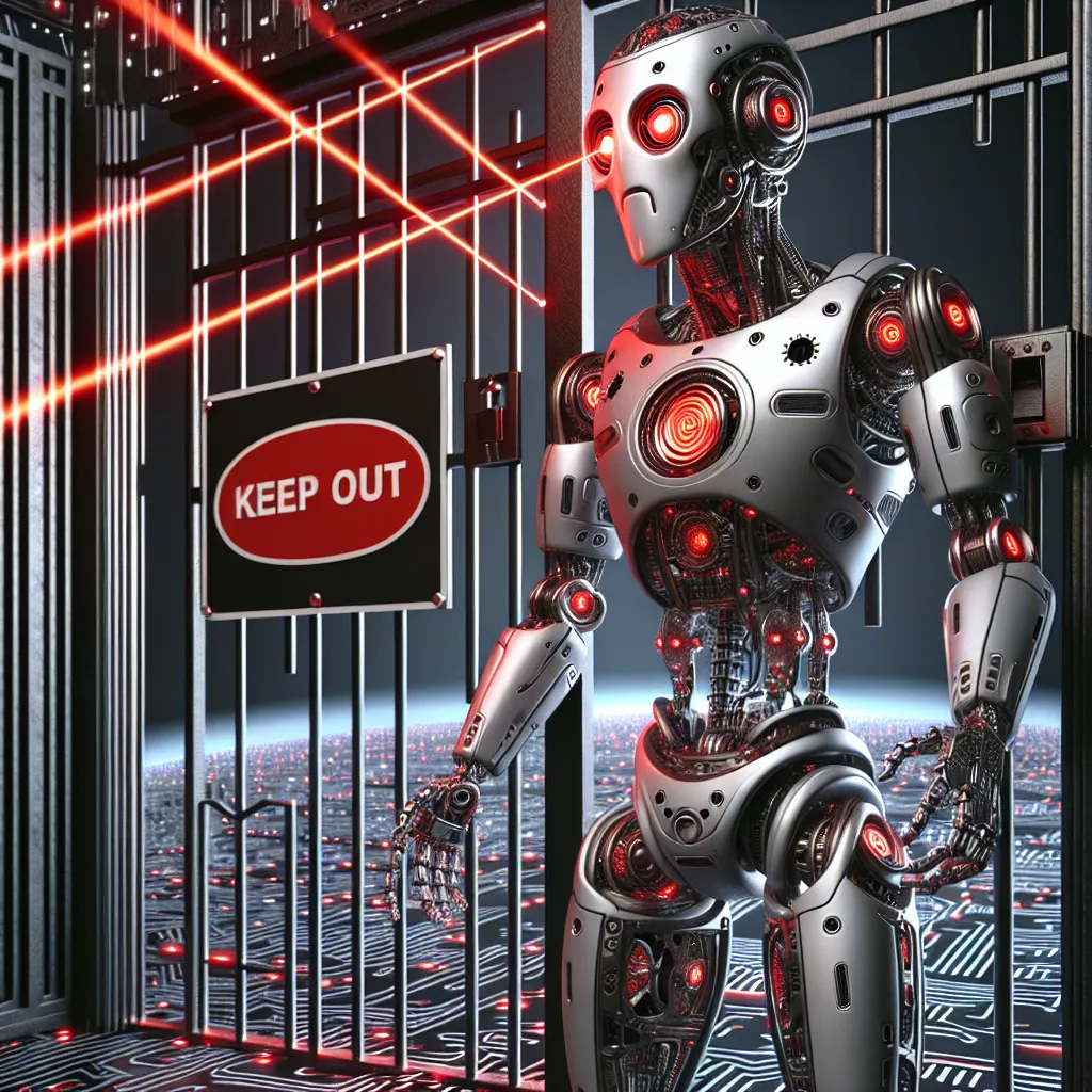 A tall futuristic robot with red glowing eyes and intricate silver metal plating, looking sad and frustrated in front of a black 'KEEP OUT' sign and a barred gate labeled 'Robots.txt', in a city resembling a circuit board.