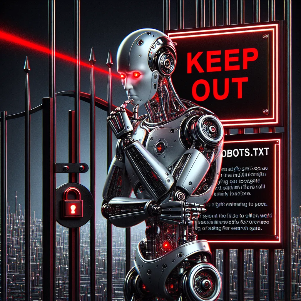 A futuristic humanoid robot with red glowing eyes and detailed silver plating stands dejectedly, knocking on a locked gate with a prominent black and red 'KEEP OUT' sign, behind which a city resembling an integrated circuit board can be seen.