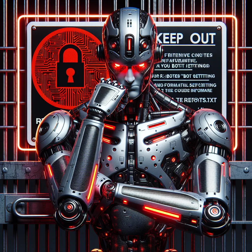 Futuristic humanoid robot with red glowing eyes and silver metal plating, symbolizing frustration with red laser beams, standing in front of a black keep out sign and barred gate marked Robots.txt, with a city akin to a circuit board in the background.
