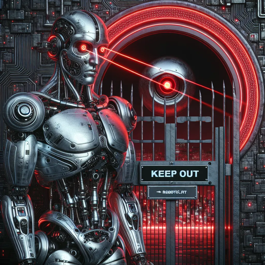 A futuristic humanoid robot with red glowing eyes and silver metallic body is frowning and knocking at a black "Keep Out" sign with a barred gate labeled "Robots.txt," symbolizing its frustration at being denied entry into a city representing informational content.