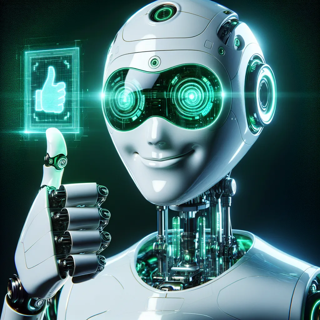 A sophisticated white robot with green features, wearing black rectangle glasses, engaging with a transparent holographic file projection from its hand displaying Robots.txt. It appears focused, giving a thumbs up and smiling over a clean black background.