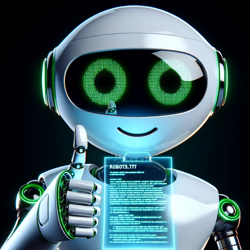 A white robot with green accents, wearing black glasses, giving a thumbs up while attentively scanning a blue holographic file, its face showcasing friendly digital features, all against a flat black background.