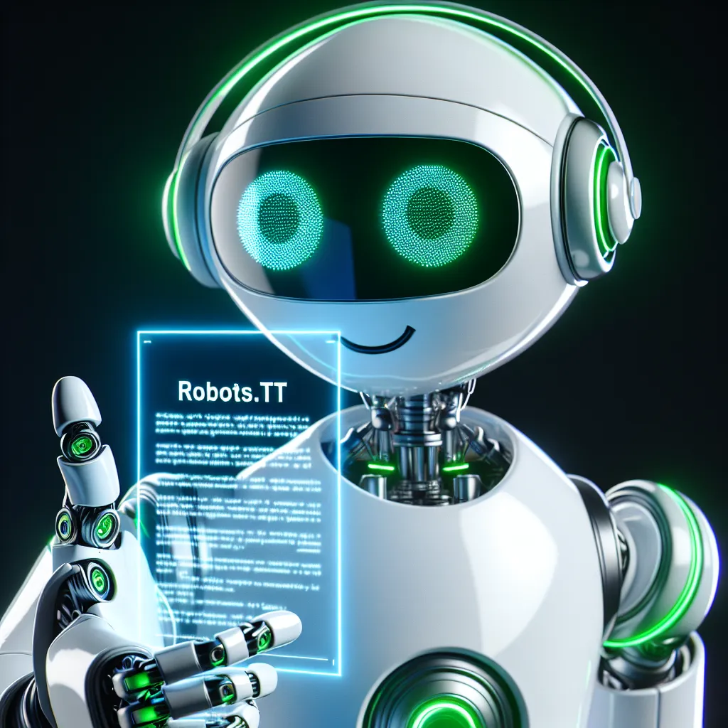 A sophisticated white robot with green features, seen giving a thumbs up while analyzing a holographic Robots.txt document, wearing glasses, and reflected in a green light against a flat black background. This image underscores a blend of technology and fiction.