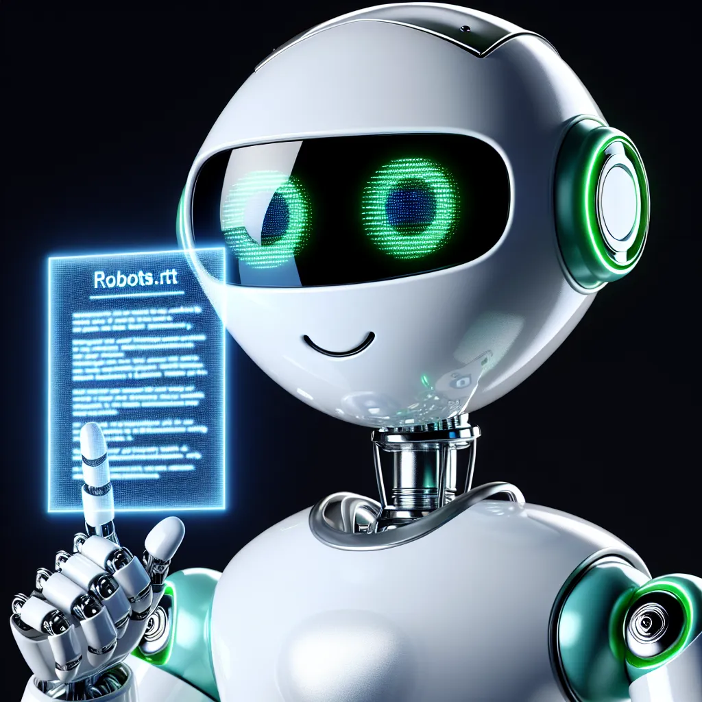 A white robot with green accents and black glasses, gives a thumbs-up while analyzing a holographic Robots.txt document from its hand, reflecting a green light from the lenses, against a black background.