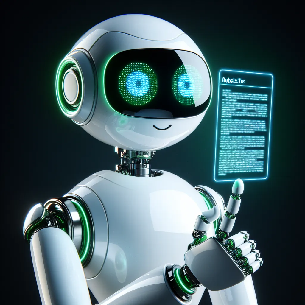 A white robot with light green accents, black rectangular glasses, and friendly digital expressions, scanning a blue holographic file projecting a Robots.txt document from its hand, set against a black background.