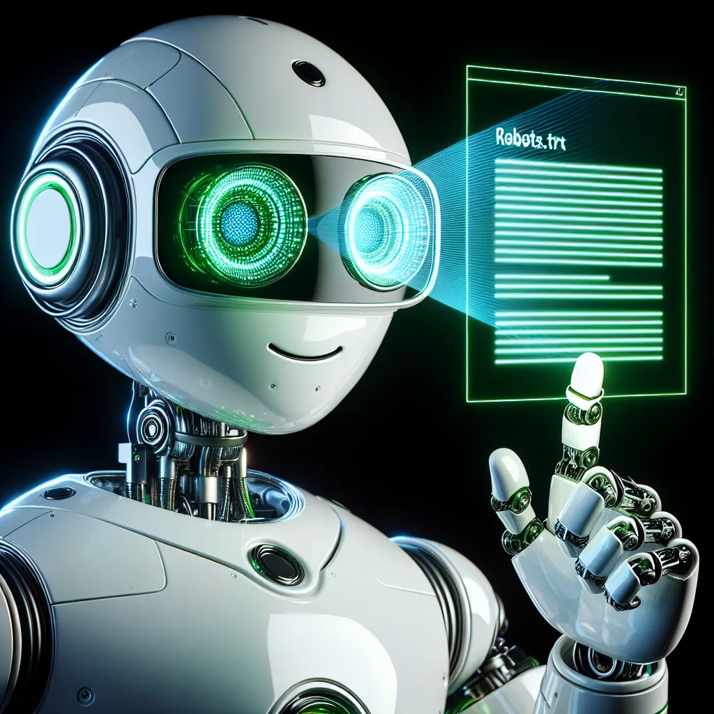 A friendly and intelligent white robot with green accents reading a holographic robots.txt document, giving a thumbs up. Wearing rectangular glasses, its eyes show focus and friendliness, as it scans the high-tech file over a stark black background.