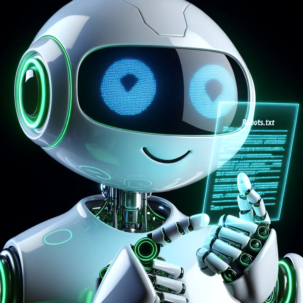 Intelligent white robot with green accents reading a holographic Robots.txt file reflected in its black rectangular glasses. The robot, giving a thumbs-up and smiling, emits a green light from the file. The scene is on a black background.