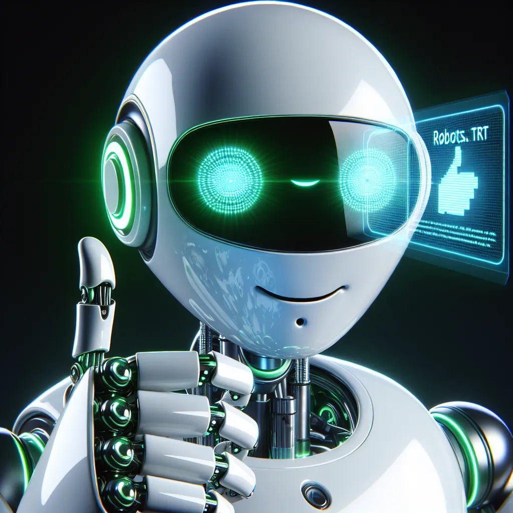An intelligent white robot with green tones, wearing glasses, giving approval with a thumbs up while carefully studying a transparent holographic Robots.txt file projected from its hand, all display against a slick black background.