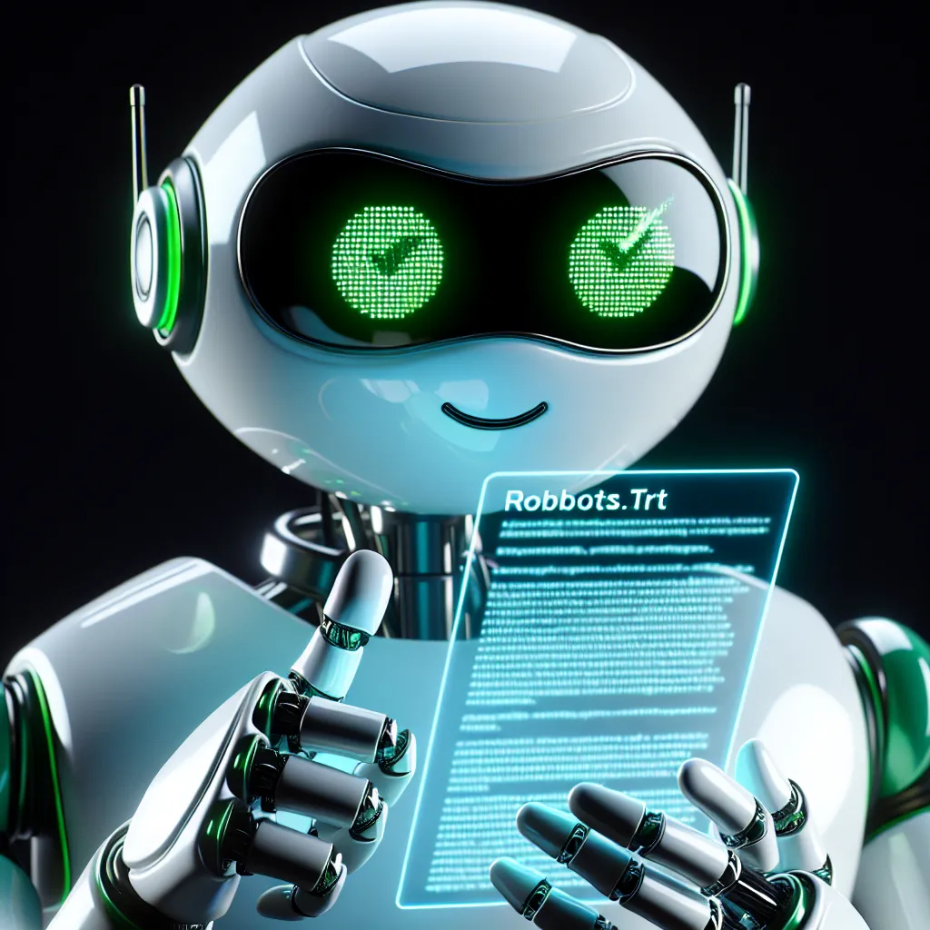 Intelligent white robot with green highlights, holding a glowing blue holographic robots.txt document and examining it through black rectangular glasses, giving a thumbs up of approval against a flat black background.