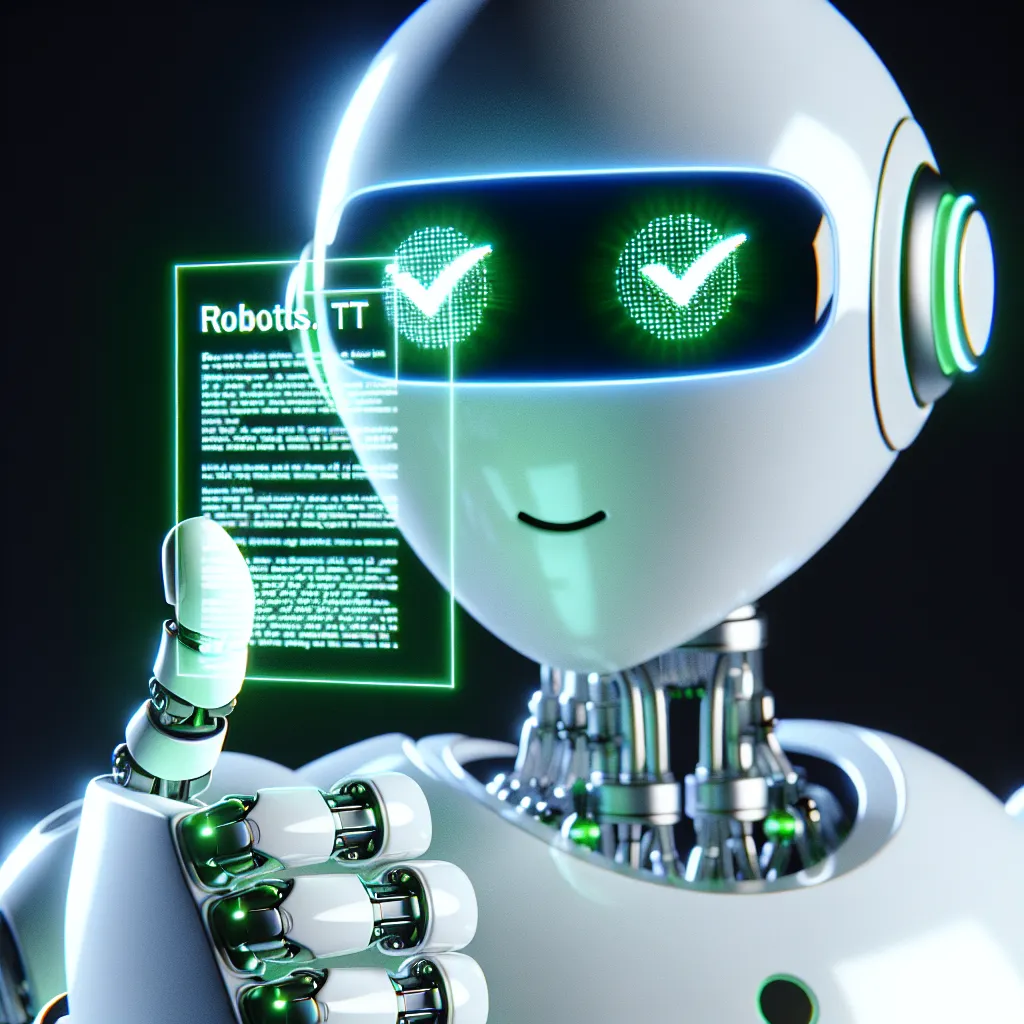 A smart and friendly white robot with green highlights, giving a thumbs up and scanning a holographic blue file showing a Robots.txt document. It's wearing advanced black glasses, reflecting a green light from the high-tech document, over a flat black background.