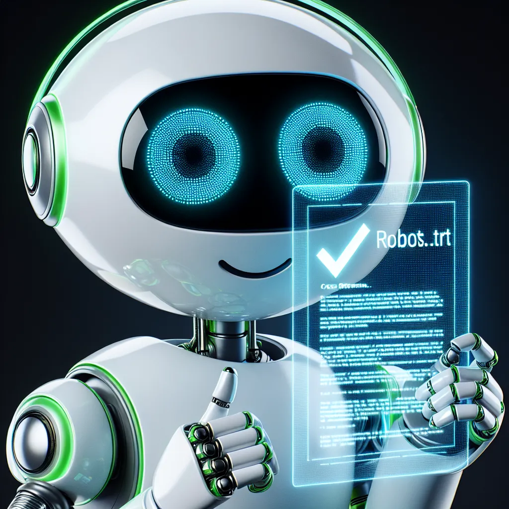 A sophisticated white robot with green highlights, wearing rectangular glasses, carefully analyzing a holographic Robots.txt file projected from its hand, all against a dark background.