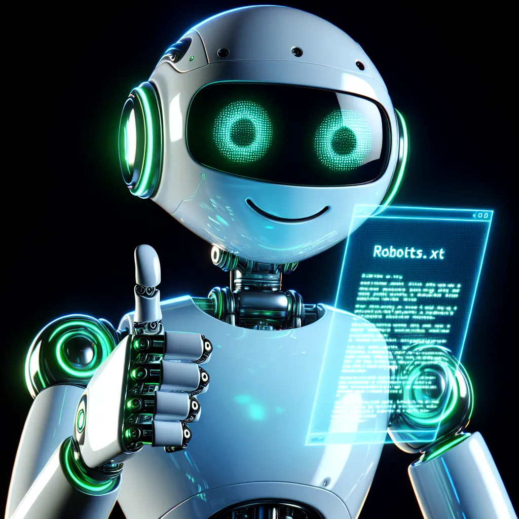 A sophisticated white robot with green highlights, wearing glasses, gives a thumbs-up while analyzing a holographic Robots.txt file. It has friendly digital eyebrows, long eyelashes, and a smiling mouth, against a flat black background.